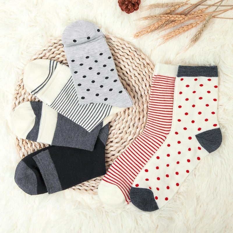 Socksfad Store 6 Pairs Cotton Crew Socks for Women, Breathable Novelty Funny Striped Dot Casual Cute Calf Socks Size 6-12 - Image 2